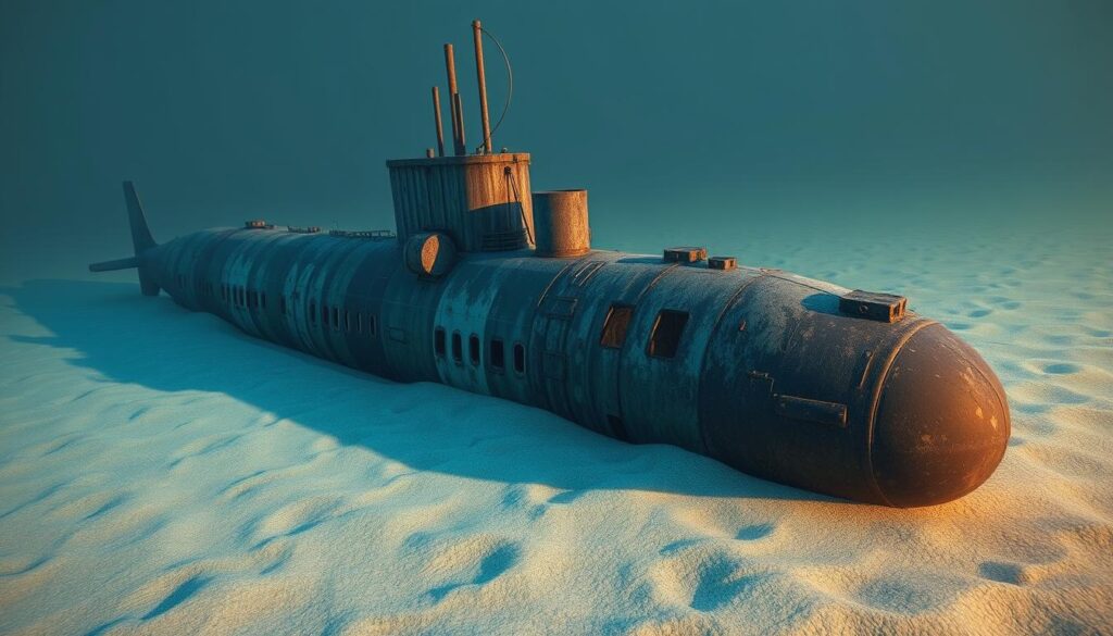 3D model of the wreck of the USS F-1 submarine, lying on the seafloor off the coast of California. The vessel's hull is partially buried in the sediment, with its conning tower and forward section clearly visible. The wreck is illuminated by a soft, ambient underwater lighting, casting long shadows and highlighting the detailed textures of the weathered steel. The scene conveys a sense of history and preservation, with the wreck providing a tangible connection to the past. The camera angle is positioned to showcase the technical details and structural integrity of the wreck, suitable for an article section on its examination and preservation state.