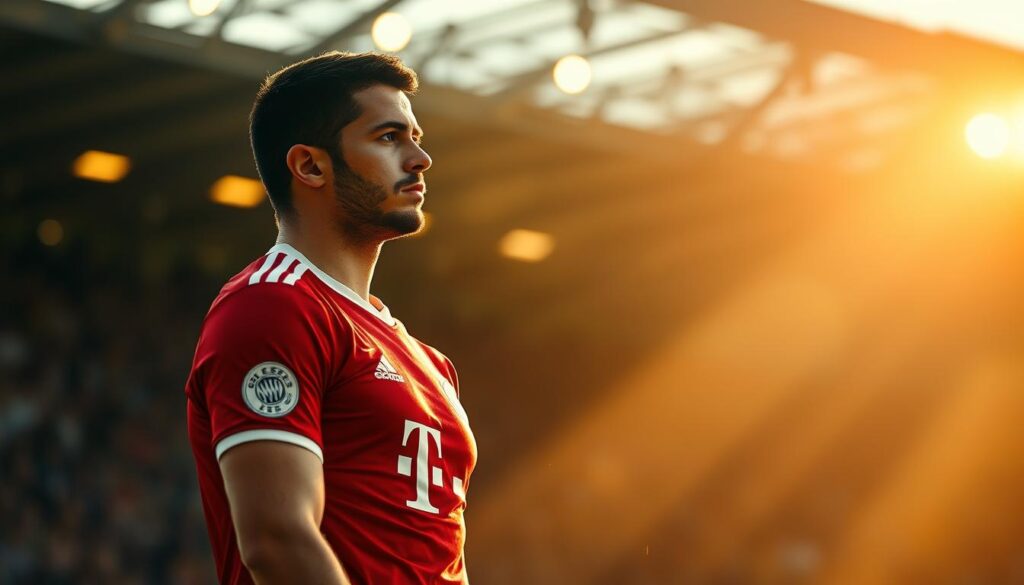 A Bundesliga footballer, known as a prolific "Torjäger" (goalscorer), stands in a pensive pose, contemplating his future. The scene is bathed in warm, golden light, casting soft shadows that accentuate the player's athletic physique. The background is blurred, allowing the viewer to focus on the central figure, whose gaze conveys a sense of uncertainty and anticipation. The image evokes the tension and excitement surrounding the player's potential move to a new club, hinting at the "logical next step" in his career as suggested by the article's subject. The composition and lighting create a visually compelling and emotive representation of the Bundesliga's top goalscorer and his uncertain future.