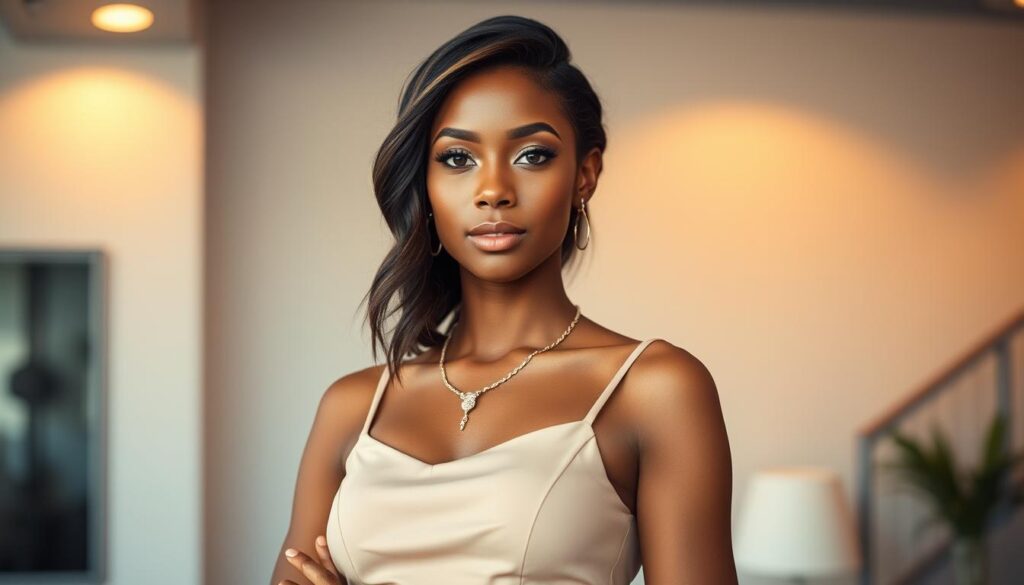 A beautiful young woman with flawless makeup and styled hair stands confidently, elegantly posing as a social media influencer. She wears a stylish, form-fitting dress that accentuates her figure, accessorized with chic jewelry. The lighting is soft and flattering, creating a warm, inviting atmosphere. The background is a modern, minimalist setting, perhaps a sleek studio or loft, allowing the subject to be the focal point. The overall mood is one of aspirational glamour and digital-age self-presentation, capturing the essence of Vanessa Nwattu's persona as an influential public figure.
