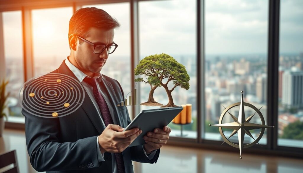 A beautifully composed scene depicting various investment strategies. In the foreground, a sophisticated investor in a tailored suit carefully examines financial charts and data on a sleek tablet device. The middle ground features an array of visual metaphors for investment: a labyrinth of golden coins, a flourishing tree symbolizing growth, and a compass rose guiding the way. The background is a softly lit, modern office setting with floor-to-ceiling windows offering a panoramic view of a bustling city skyline. Warm lighting casts a pensive, thoughtful atmosphere, inviting the viewer to consider their own financial future. The overall composition conveys a sense of expertise, diligence, and the promise of prudent wealth-building.