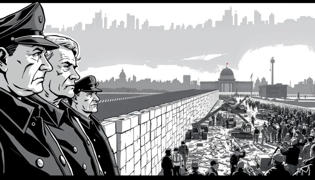 A black-and-white illustration of the construction of the Berlin Wall, capturing the political motives and tensions behind this historic event. In the foreground, stern-faced figures in military and political uniforms oversee the erection of the concrete barrier, their expressions conveying a mixture of determination and unease. The middle ground depicts the chaotic scene of workers and machinery assembling the wall, while in the background, the silhouettes of East and West Berlin skylines loom, symbolizing the division of the city. The lighting is dramatic, casting long shadows and emphasizing the monumental scale of the endeavor. The overall mood is one of historical significance and the weight of political decisions that shaped a nation's history.