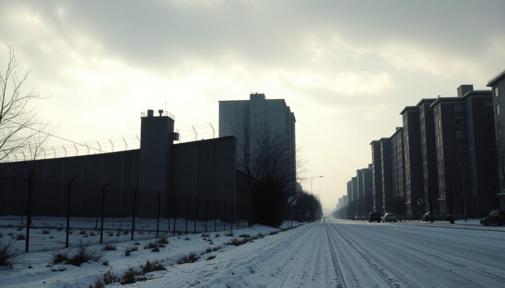 A bleak, wintry scene in Cold War-era Germany. In the foreground, a towering concrete wall divides the landscape, casting long shadows under a gloomy, overcast sky. Barbed wire and watchtowers punctuate the barrier, a stark reminder of the division between East and West. In the middle ground, a desolate, snow-covered street stretches out, with a few sparse, bare-branched trees lining the sides. In the background, the silhouettes of austere, gray apartment buildings loom, their windows dark and foreboding. The overall atmosphere conveys a sense of isolation, oppression, and the weight of history pressing down on the scene.