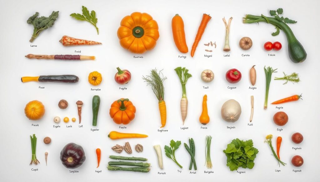 A botanical illustration of various vegetables neatly organized and labeled, presenting a scientific classification of produce. A clean, minimalist layout with a white background, highlighting the specimens in vivid, natural colors. The perspective is a top-down view, giving a comprehensive overview. Careful attention to detail in the rendering of textures, shapes, and anatomical features of each vegetable. The mood is educational and informative, conveying the scientific rigor of horticultural taxonomy. Soft, even studio lighting illuminates the scene, emphasizing the clarity and precision of the illustration.