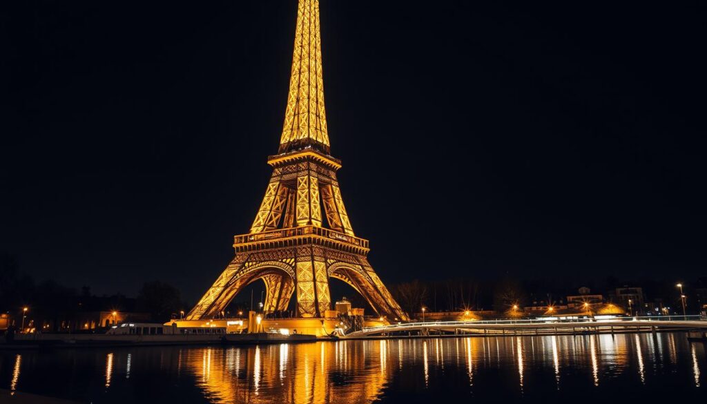 A breathtaking nighttime scene of the iconic Eiffel Tower, its intricate lattice structure illuminated by a warm golden glow, casting a mesmerizing reflection in the still waters below. The tower's silhouette stands tall against a velvety black sky, accentuated by a dazzling display of twinkling lights that cascade down its length, creating a magical, almost ethereal atmosphere. The warm hues of the lighting create a cozy, intimate ambiance, inviting the viewer to bask in the tower's timeless elegance and the enchanting Parisian ambiance. The composition frames the tower in a slightly low, close-up angle, emphasizing its grand scale and architectural details, while the soft, dreamlike quality of the lighting and the serene setting evoke a sense of wonder and tranquility.