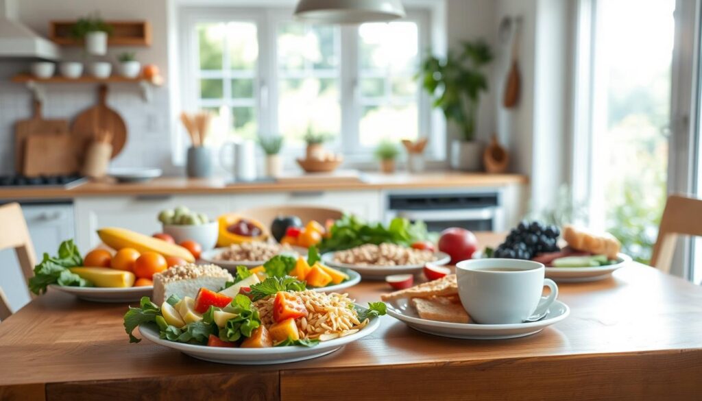 A bright, airy kitchen scene featuring a wooden table with a healthy meal plan laid out. On the table, there are colorful plates of fresh fruits, vegetables, whole grains, and lean proteins, arranged in a visually appealing manner. Soft, natural lighting illuminates the scene, creating a warm and inviting atmosphere. In the background, a kitchen window overlooks a lush garden, emphasizing the connection between the meal and its natural origins. The overall composition conveys a sense of balance, nourishment, and a commitment to a clean, wholesome lifestyle.