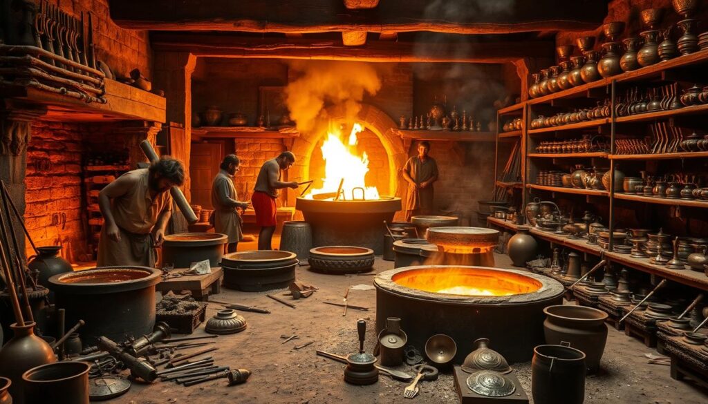 A bronze smelting workshop in the Bronze Age. In the foreground, skilled artisans carefully tend to the bronze crucible, the molten metal glowing with an amber hue. Surrounding them, an array of tools and molds lies ready for casting. In the middle ground, workers pump bellows to stoke the intense furnace flames, the heat shimmering in the air. In the background, shelves hold finished bronze wares - intricate weapons, ornaments, and tools, a testament to the revolutionary metallurgical techniques of the era. Warm, earthy tones and dramatic chiaroscuro lighting create a sense of timeless craftsmanship and technological progress.