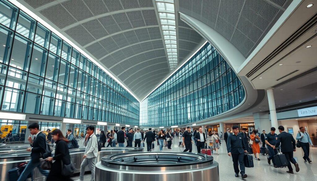A bustling Kansai Airport terminal, with travelers hurrying through the concourse. In the foreground, a luggage carousel operates efficiently, baggage seamlessly circulating. In the middle ground, uniformed staff attend to passenger needs, navigating the flow of people. The background showcases the airport's striking architecture, with sweeping glass walls allowing natural light to pour in, creating an airy, spacious atmosphere. Muted tones and clean lines convey a sense of modern sophistication, while the organized chaos of the scene reflects the day-to-day challenges faced by this renowned airport. A cinematic wide-angle lens captures the scale and dynamism of the environment, showcasing the Kansai Airport's mastery of logistics and passenger experience.