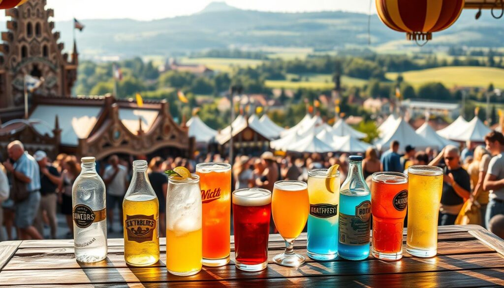 A bustling Oktoberfest scene, captured in a warm, golden-hued light. In the foreground, a variety of non-alcoholic beverages are prominently displayed on a traditional Bavarian-style wooden table, including sparkling waters, fruit-infused lemonades, and classic soft drinks. The middle ground features the iconic Wiesn tents, their facades adorned with intricate carvings and colorful flags fluttering in the gentle breeze. In the background, a panoramic view of the rolling hills and lush greenery that surround the famous festival grounds. The overall mood is one of festive celebration, with a focus on the diverse range of non-alcoholic options available to visitors.