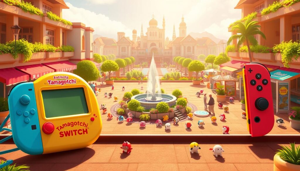 A bustling Tamagotchi Plaza on a sunny day, with a vibrant, retro-styled Nintendo Switch console prominently displayed in the foreground. Colorful, pixelated Tamagotchi characters scurry around the plaza, interacting with various mini-games and activities. The middle ground features a central fountain surrounded by lush, stylized vegetation, while the background showcases a whimsical, 8-bit-inspired cityscape. The scene is bathed in warm, golden lighting, creating a nostalgic, cheerful atmosphere that captures the essence of the classic Tamagotchi experience reimagined for the modern gaming platform.