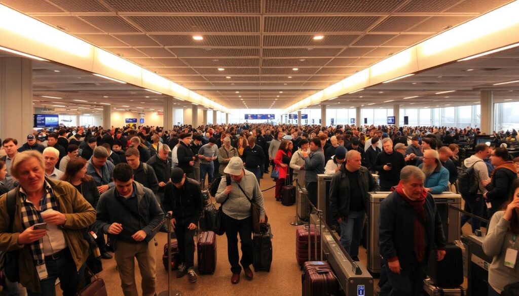 A bustling airport security checkpoint, bathed in the warm glow of overhead lighting. In the foreground, travelers diligently remove their shoes, belts, and jackets, their expressions a mix of compliance and mild annoyance. The middle ground is filled with the orderly flow of people and luggage, efficiently passing through metal detectors and x-ray machines operated by alert security personnel. In the background, a panoramic view of the terminal, with its soaring ceilings, digital signage, and the occasional glimpse of an aircraft taking off or landing. The atmosphere is one of purposeful activity, blending the necessary inconvenience of security measures with the anticipation of the journey ahead.