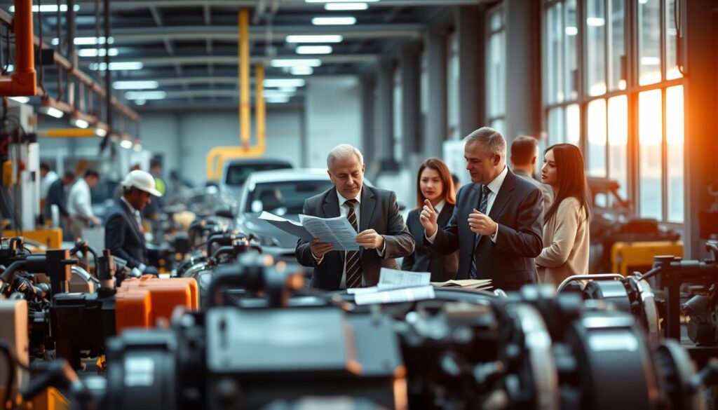 A bustling automotive factory, with workers and machines in the foreground, surrounded by the hum of activity. In the middle ground, a group of concerned investors in formal attire, deep in discussion, gesturing towards blueprents and financial documents. The background features a sleek, modern office space, with large windows overlooking the factory floor, the warm glow of artificial lighting setting a contemplative mood. The scene conveys a sense of urgency and the weight of the decision-making process as the investors search for a solution to the company's financial woes.