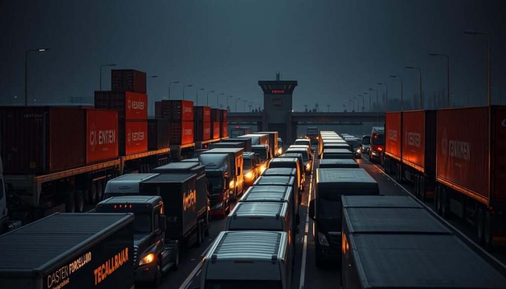 A bustling border crossing at the German-Polish frontier. In the foreground, long lines of semi-trucks and cargo vans wait to pass through customs checkpoints, their drivers peering anxiously out of the cabs. Towering freight containers are stacked high on flatbed trailers, their brightly colored logos hinting at the complex web of international trade they represent. The middle ground is filled with the movement of border police, inspecting documents and waving vehicles through. In the background, the imposing architecture of border control stations looms, cast in dramatic chiaroscuro lighting that evokes a sense of gravity and bureaucratic authority. An atmosphere of tension and uncertainty permeates the scene, reflecting the economic and political tensions that underlie this critical junction of global commerce.