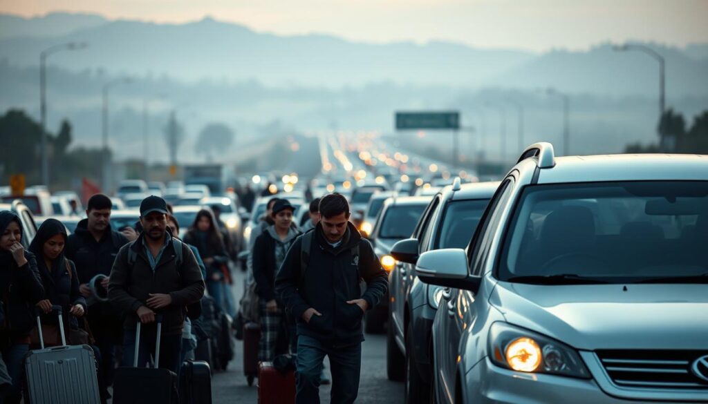 A bustling border crossing, vehicles lined up as far as the eye can see, drivers and passengers anxiously awaiting their turn. In the foreground, a group of travelers stands, suitcases in hand, their faces etched with a mix of frustration and resignation. The middle ground is a sea of cars, their headlights casting a warm glow in the fading light, while the background is a hazy landscape of hills and trees, blurred by the distance. The scene is bathed in a soft, diffused light, creating a sense of melancholy and unease. The atmosphere is one of tension and uncertainty, capturing the essence of the situation faced by those crossing the border.