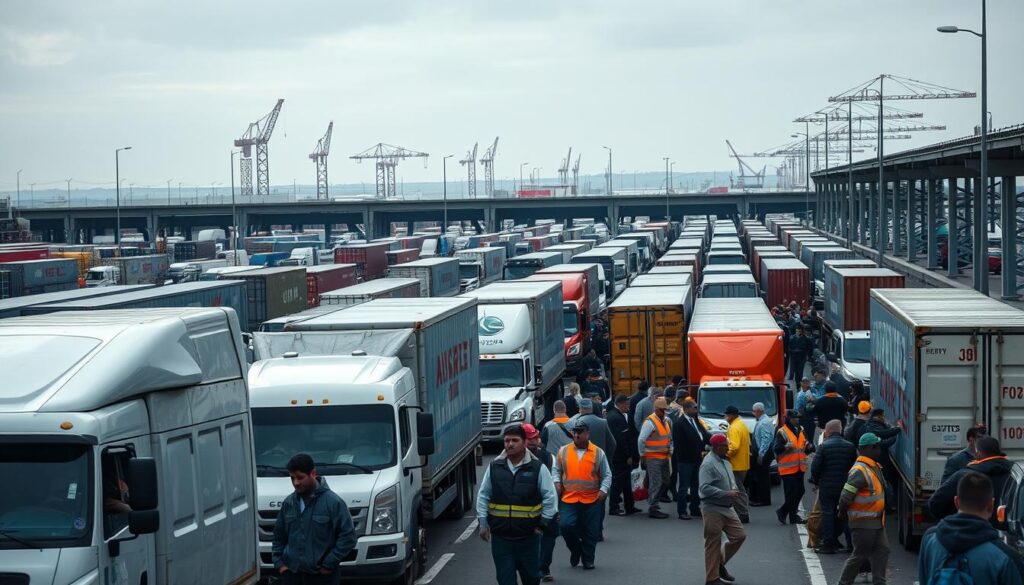 A bustling border crossing, with long lines of trucks and cargo vehicles waiting to pass through. In the foreground, weary drivers and workers stand beside their stationary vehicles, the delay palpable in their expressions. The middle ground reveals the intricate infrastructure of the border control - customs booths, security checkpoints, and officials in uniform meticulously inspecting documents. In the distance, the towering cranes and warehouses of nearby logistics hubs hint at the scale of the economic impact, as the ripple effects of the border delays reverberate through the supply chains. Muted tones of gray and blue cast a somber mood, emphasizing the frustration and financial burden imposed by the disruption to cross-border trade.