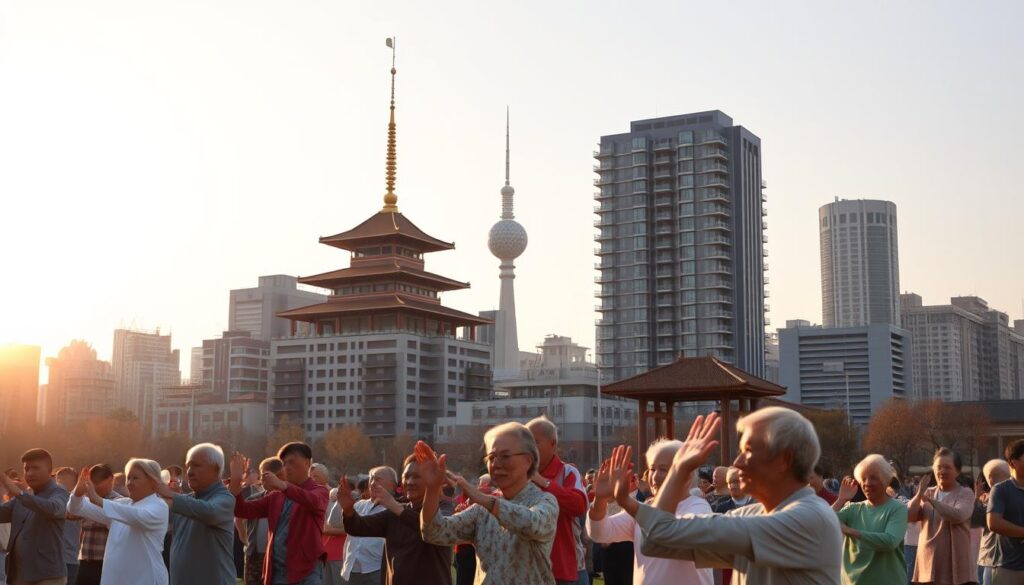 A bustling city skyline in China, bathed in warm golden light as the sun sets. In the foreground, a group of active seniors participating in a tai chi session, their graceful movements conveying a sense of vitality and wellness. In the middle ground, a modern high-rise building housing a retirement community, its sleek architecture juxtaposed with the traditional practice unfolding below. The background is dominated by a towering pagoda, a symbol of China's rich cultural heritage, now coexisting with the evolving landscape of an aging population. The scene captures the dynamic intersection of China's aging demographics and the country's efforts to keep its senior citizens physically and socially engaged.