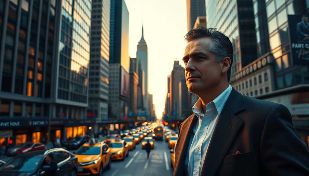 A bustling cityscape of New York City, illuminated by warm, golden hour lighting. In the foreground, a well-dressed man with a striking, confident demeanor stands amidst the towering skyscrapers, his gaze fixed on the horizon. The mid-ground features a busy street, with yellow cabs and pedestrians hurrying by, capturing the dynamic energy of the city. In the background, the iconic skyline of Manhattan rises, its iconic landmarks like the Empire State Building and Chrysler Building standing tall. The overall atmosphere conveys a sense of ambition, success, and the relentless pursuit of opportunity that defines the career of Maurice Bohlen in New York.