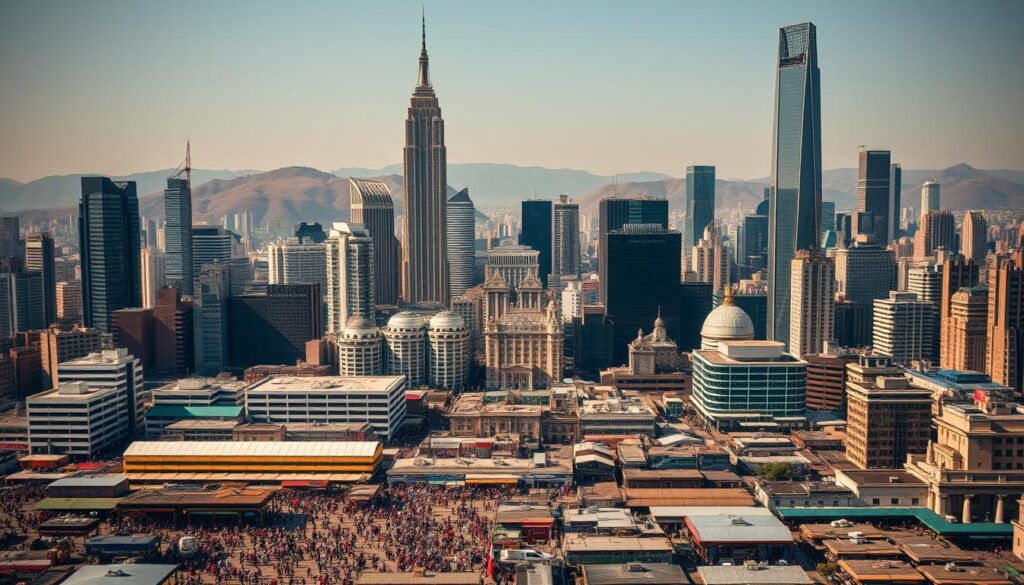 A bustling cityscape with towering skyscrapers, representing the economic might of a densely populated nation. In the foreground, a diverse workforce engages in various commercial activities, showcasing the human capital that drives the economy. The middle ground features transportation networks, bustling markets, and financial institutions, all interconnected and thriving. In the background, rolling hills and a clear sky create a sense of scale and balance, hinting at the broader geographical and environmental factors that shape a country's economic landscape. The scene is illuminated by warm, directional lighting, casting shadows that accentuate the three-dimensional depth and dynamism of the composition. The overall atmosphere conveys a sense of prosperity, progress, and the complex interplay between population size and economic development.