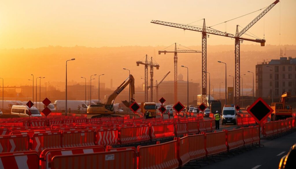 A bustling construction site in North Rhine-Westphalia, Germany, illuminated by the warm glow of sunset. In the foreground, a maze of orange construction barriers and road signs guide the flow of traffic, their reflective surfaces catching the fading light. In the middle ground, excavators and cranes stand poised, their mechanical arms reaching skyward, while workers in high-visibility vests navigate the site. The background is a tapestry of partially obscured buildings, their outlines hazy through the dusty air. The scene conveys a sense of controlled chaos, as the daily commute navigates the challenges of ongoing infrastructure improvements.