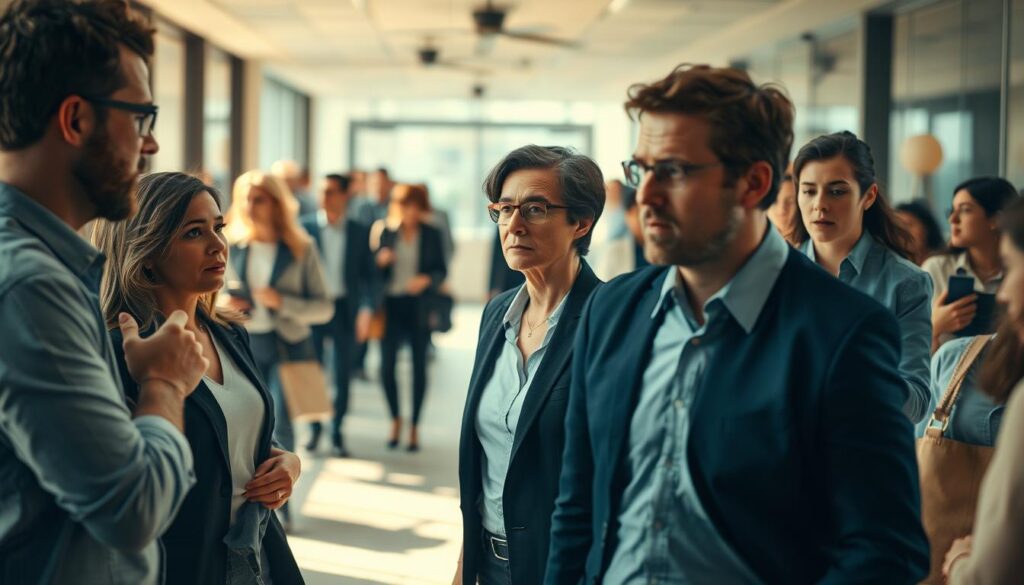A bustling office scene, capturing the reactions of employees to a leadership change. In the foreground, a group of coworkers engaged in animated discussions, their faces etched with a mix of concern, curiosity, and anticipation. The middle ground features a solitary figure, the outgoing executive, with a pensive expression as they gather their belongings. The background is a blur of activity, with colleagues hurrying past, their body language reflecting the uncertainty and unease of the transition. The lighting is a warm, natural glow, casting a soft, contemplative atmosphere over the scene. The composition is balanced, with a sense of depth and movement, inviting the viewer to immerse themselves in the emotional landscape of this pivotal moment.