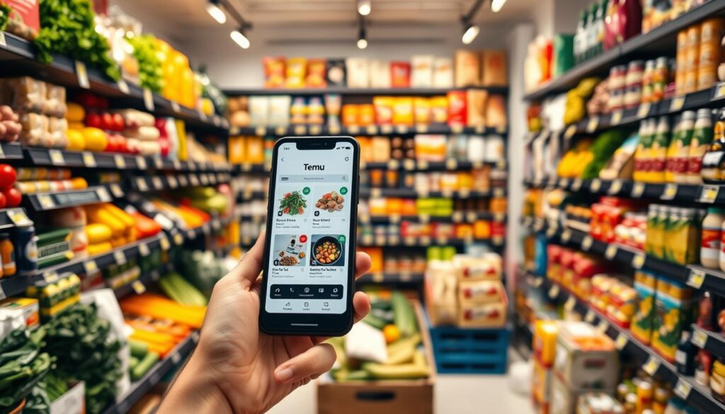 A bustling online grocery store, showcasing a variety of fresh produce, packaged goods, and household items. In the foreground, a close-up of a smartphone screen displays the Temu app, its intuitive interface allowing seamless browsing and ordering. The middle ground features neatly stacked shelves, each item meticulously photographed and described, inviting the viewer to explore the diverse selection. The background is softly lit, creating a warm and welcoming atmosphere, conveying the convenience and efficiency of this new online retail experience. The overall scene strikes a balance between the digital and the physical, reflecting the transformative potential of Temu's foray into the lucrative food delivery market.