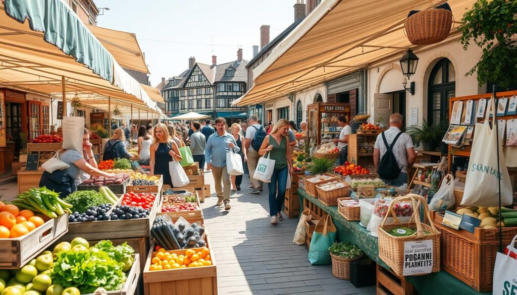 A bustling outdoor market, stalls brimming with an abundance of locally-sourced, plastic-free goods. Wooden crates overflow with vibrant seasonal produce, while wicker baskets hold an array of package-free pantry staples. Shoppers navigate the lively scene, toting reusable totes and mesh bags, selecting from a diverse selection of eco-friendly household items. Sunlight filters through the canopies, casting a warm, natural glow across the scene. In the background, traditional buildings and quaint storefronts provide a charming, historical backdrop, conveying a sense of community and sustainability. An atmosphere of mindful, plastic-free consumerism permeates the space, inspiring guests to make conscientious choices for a greener future.