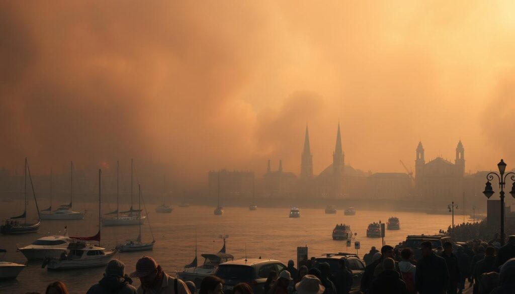 A bustling port city enveloped in thick, billowing smoke. In the foreground, panicked residents flee the encroaching flames, carrying precious belongings. Boats in the harbor rock gently on the calm waters, their crews preparing for a hasty evacuation. In the middle ground, emergency vehicles race through the streets, sirens blaring, as firefighters battle the relentless blaze. In the background, the iconic silhouettes of historic buildings fade into the hazy, orange-tinted skyline. Dramatic chiaroscuro lighting casts dramatic shadows, heightening the sense of urgency and impending danger. A scene of chaos and uncertainty, capturing the devastating impact of the wildfire on this coastal community.