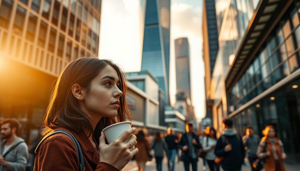 A bustling urban scene, bathed in warm, golden afternoon light. In the foreground, a young woman sips coffee, lost in thought, her gaze reflecting the calm amidst the hustle. Pedestrians hurry by, each absorbed in their own modern routines, yet the woman exudes a quiet awareness, a moment of mindful respite from the daily grind. The middle ground reveals the facades of sleek, contemporary buildings, their glass and steel surfaces mirroring the changing sky. In the background, a towering skyscraper stands as a symbol of progress, yet the woman's contemplative pose suggests a deeper connection to the present moment, a subtle rejection of the relentless pace of urban life. Elegant, cinematic composition with a shallow depth of field, inviting the viewer to pause and reflect on the meaning of "Carpe Diem" in the context of the modern everyday.