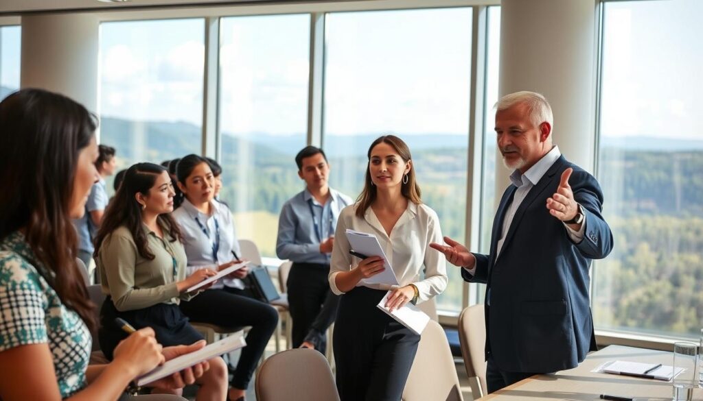 A busy hotel training session, with staff gathered in a well-lit, modern conference room. In the foreground, an instructor gestures animatedly, guiding the attentive employees through sustainable hospitality practices. The middle ground shows trainees taking notes, their faces earnest as they learn about reducing single-use plastics and promoting eco-friendly breakfast options. The background features large windows overlooking a picturesque landscape, emphasizing the hotel's serene, nature-inspired setting. The overall atmosphere is one of engaged learning, with a focus on environmental responsibility and providing guests with a thoughtful, plastic-free experience.