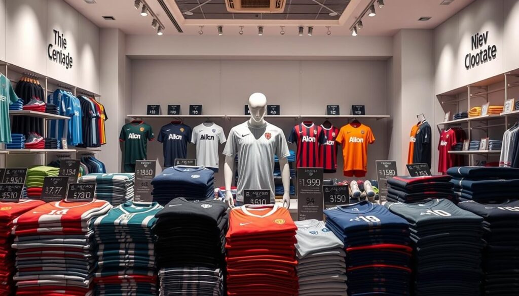 A busy retail display showcasing a wide range of high-quality football jerseys, their prices prominently displayed. The foreground features neatly folded and stacked jerseys in various team colors, inviting the viewer to compare and contrast. In the middle ground, stylized mannequins model the jerseys, positioned to highlight their design and fit. The background is a softly lit, minimalist store interior with clean white walls and subtle branding elements, creating a sense of premium quality. Soft shadows and gentle highlights accentuate the jerseys' textures and materials, drawing the eye to the compelling deals and special offers. The overall scene conveys a sense of excitement and anticipation around the latest season's kits.