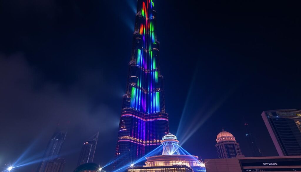 A captivating nighttime display of light and motion illuminates the towering Burj Khalifa, the world's tallest skyscraper. Dynamic LED lights cascade down the sleek, angular facade, creating a mesmerizing choreography of colors and patterns. The glass and steel structure reflects the vibrant hues, casting shimmering beams across the surrounding cityscape. Elegant spotlights from the base of the building accentuate the tower's majestic silhouette, while a gentle haze in the air diffuses the lighting for a soft, dreamlike ambiance. The dazzling Lichtshow transforms the Burj Khalifa into a shimmering beacon, captivating onlookers and showcasing the engineering marvel at the heart of Dubai's skyline.