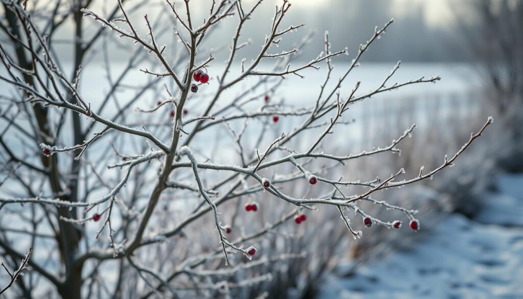 A carefully pruned winter red currant bush, its bare branches glistening with frost against a snowy backdrop. The scene is bathed in soft, diffuse light, creating a serene and tranquil atmosphere. The foreground showcases the intricate structure of the plant, with each twig and stem clearly visible. In the middle ground, a light dusting of snow covers the ground, adding to the wintry feel. The background is a hazy, out-of-focus landscape, emphasizing the focal point of the bush. The overall impression is one of quiet contemplation, highlighting the beauty and importance of proper winter pruning for healthy, bountiful red currant bushes.