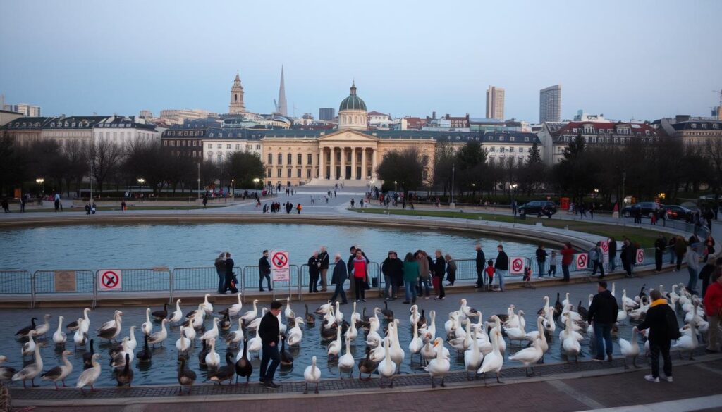 A cityscape at dusk, with a prominent city park or plaza in the foreground. In the park, several groups of people are gathered around bodies of water, attempting to feed the waterfowl - ducks, geese, and swans - that reside there. However, clear signage and barriers indicate that this activity is prohibited, creating a sense of tension and conflict between the well-intentioned but misguided public and the local authorities enforcing the feeding restrictions. The background features the distinctive architecture and skyline of a European urban center, hinting at the broader context of this issue. The lighting is soft and warm, creating a melancholic atmosphere that reflects the complexities of this environmental and regulatory challenge.