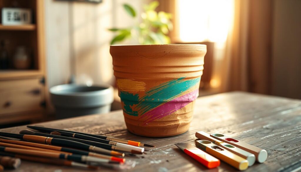A clay flower pot, its earthy surface textured with gentle ridges, stands atop a rustic wooden table. Sunlight streams in from a nearby window, casting a warm, golden glow over the scene. The pot's surface is adorned with vibrant brushstrokes of color, each stroke intentional and expressive, creating a unique and personalized design. In the foreground, an assortment of painting supplies - brushes, palette knives, and vibrant acrylic paints - are neatly arranged, hinting at the creative process behind the decorated pot. The overall mood is one of artful, handcrafted charm, inviting the viewer to imagine the joy of personalized flower pot decoration.