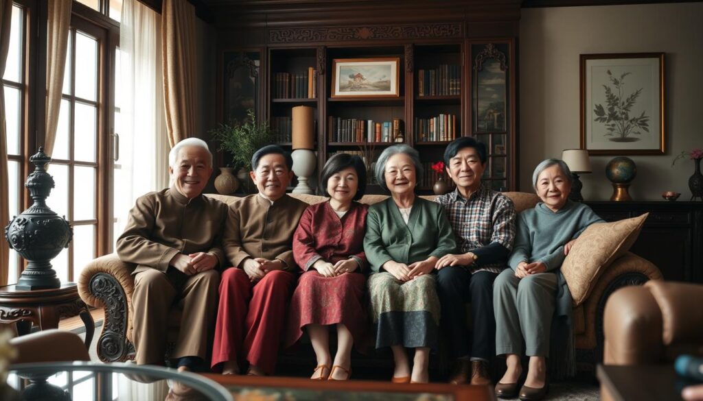 A close-knit family portrait of the Jin clan gathered in a cozy, warmly lit living room. The patriarch and matriarch sit comfortably on a plush, well-worn sofa, surrounded by their adult children and grandchildren. Soft, diffused light spills in through large windows, casting a serene, intimate atmosphere. Subtle details reveal the family's affluence and refined tastes - ornate, antique furnishings, carefully curated artwork on the walls, and a well-stocked bookshelf in the background. Yet the overall mood is one of quiet contentment, as the Jins bask in the comfort of their private, domestic sphere, away from the public spotlight.