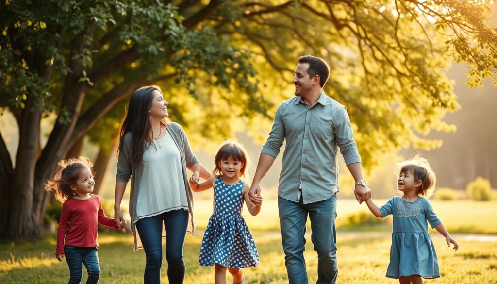 A close-knit, joyful family portrait of Anna Maria Ferchichi, her husband Bushido, and their children, captured in a warm, natural setting. The couple stand hand-in-hand, gazing lovingly at each other, while their kids play and laugh around them. Soft, golden sunlight filters through the trees, casting a gentle glow on the scene. The composition is balanced, with the family as the central focus, surrounded by lush greenery and a tranquil background. The mood is one of domestic bliss, affection, and a sense of cherished family bonds.