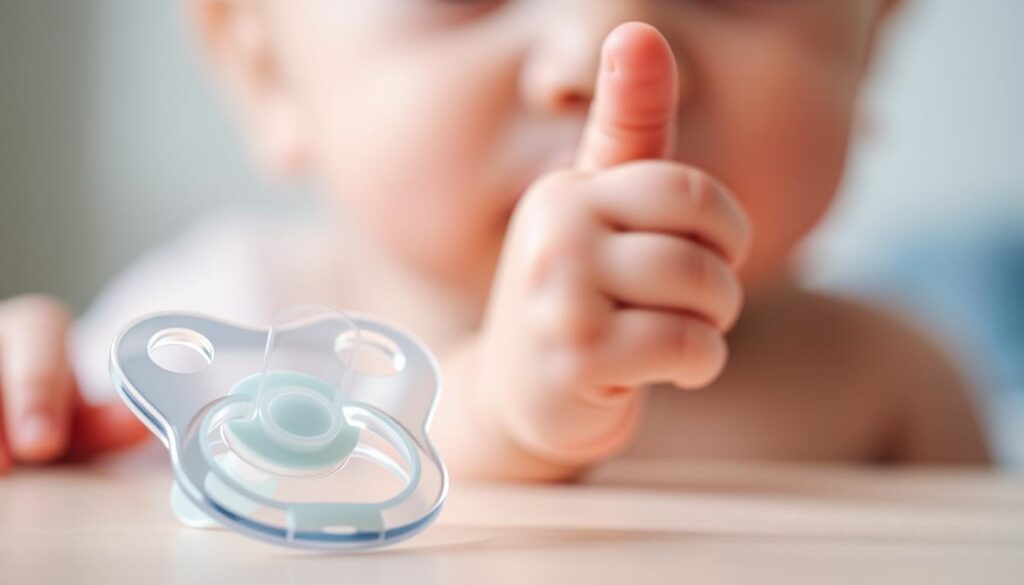 A close-up comparison of a pacifier and a thumb, captured in a stylized, scientific illustration. The pacifier, sleek and modern, sits in the foreground, while a close-up of a baby's hand, with the thumb gently resting against the lips, occupies the middle ground. The background is blurred, with a subtle gradient providing a sense of depth and focus. The lighting is soft and diffused, creating a calming, educational atmosphere. The composition and attention to detail convey the nuanced decision parents face when choosing between a pacifier or allowing their child to self-soothe through thumb-sucking.
