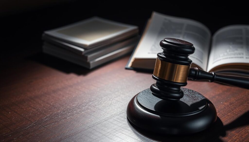 A close-up of a judge's gavel resting on a dark, polished wooden table, casting dramatic shadows. In the background, a stack of legal documents and an open law book, conveying the weighty legal issues at hand. The scene is illuminated by a single, focused beam of light, creating a somber, contemplative atmosphere. The overall impression suggests the complex ethical and legal questions surrounding the Menendez case.