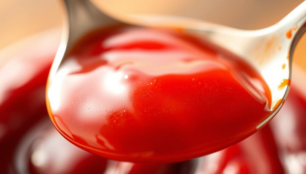 A close-up photograph of a spoonful of thick, rich ketchup, glistening under warm, natural lighting. Suspended within the ketchup is a vibrant, ruby-red lycopin compound, casting a subtle, reddish hue throughout the condiment. The texture of the ketchup is velvety and smooth, with a slight sheen. The spoon is positioned at a slight angle, allowing the viewer to appreciate the depth and complexity of the ketchup's color and viscosity. The background is softly blurred, placing the focus entirely on the star of the image - the lycopin-infused ketchup, a modern superfood hiding in plain sight.