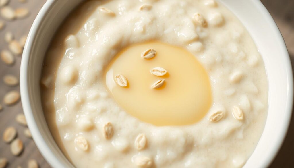 A close-up photograph of a white ceramic bowl filled with creamy, light-colored oat porridge, topped with a small pool of fresh, pale yellow milk. The oat flakes are plump and glistening, their natural, earthy tones contrasting beautifully against the smooth, dairy-rich liquid. Soft, diffused lighting casts gentle shadows, highlighting the bowl's tactile, ceramic texture and the appealing, wholesome aesthetics of the nourishing meal. The composition is centered and simple, allowing the nutritious, comforting ingredients to be the star of the frame.