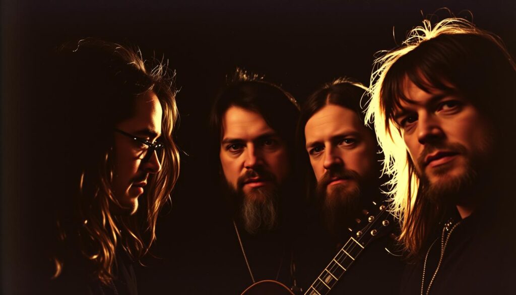 A close-up photograph of the original lineup of the heavy metal band Black Sabbath, featuring Ozzy Osbourne, Tony Iommi, Geezer Butler, and Bill Ward. The musicians are captured in an intimate, gritty studio setting, with dramatic low-key lighting casting dramatic shadows across their faces, conveying the raw, intense energy of their music. The image has a vintage aesthetic, with a slight film grain texture, evoking the early 1970s era when the band rose to fame. The focus is on the four band members, their expressions and body language reflecting the passion and camaraderie that defined their musical partnership.