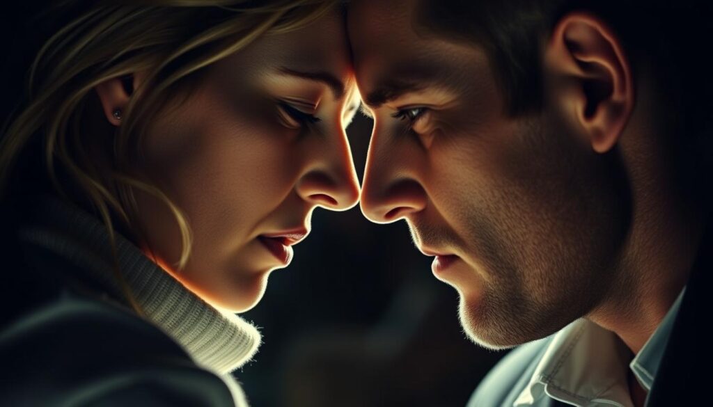 A close-up portrait of Angela Ermakova and Boris Becker, captured in an intimate, turbulent moment. Their gazes locked, expressions conveying a complex emotional entanglement. Soft, dramatic lighting accentuates the tension and drama of their relationship, casting shadows that hint at the scandals and controversy that surrounded them. The background is blurred, keeping the focus on the couple's intense interaction. The image evokes a sense of passion, conflict, and the unpredictable nature of their high-profile romance.