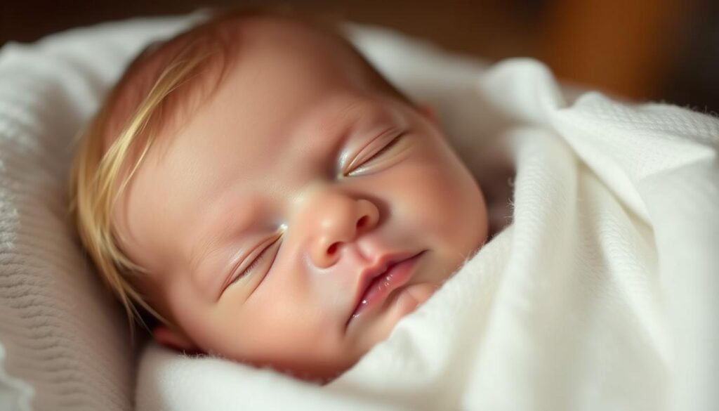 A close-up portrait of Colette Annalise McCaffrey, the newborn daughter of Olivia Culpo and Christian McCaffrey. The baby's face is gently lit, revealing delicate features and wispy blonde hair. She is swaddled in a soft, white blanket, conveying a sense of warmth and comfort. The background is blurred, creating a dreamlike, intimate atmosphere, focused solely on the cherished newborn. The lighting is soft and diffused, highlighting the baby's peaceful expression and creating a serene, angelic mood. The angle is slightly tilted, adding a touch of whimsy and emphasizing the fragility and preciousness of the moment.