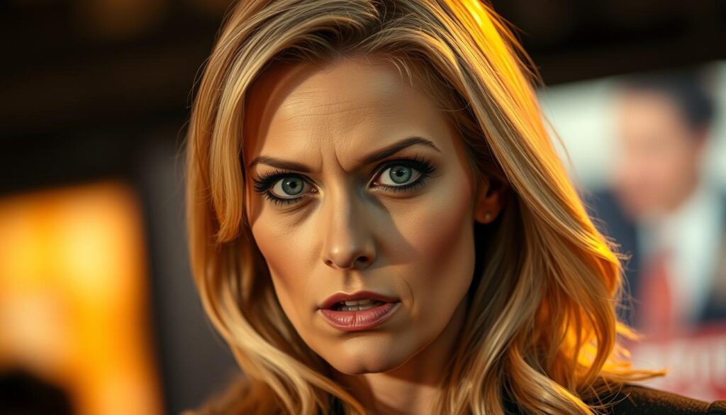 A close-up portrait of Esther Sedlaczek, a renowned German television presenter, during a dramatic on-air moment. She is captured with an intense, captivating gaze, her blonde hair perfectly styled, and her makeup accentuating her striking features. The lighting is a warm, golden hue, creating a sense of urgency and tension. The background is slightly blurred, placing the focus entirely on Esther's expressive face, conveying the emotional gravity of the situation. The image exudes a sense of professionalism and the high-stakes nature of her career in the media spotlight.