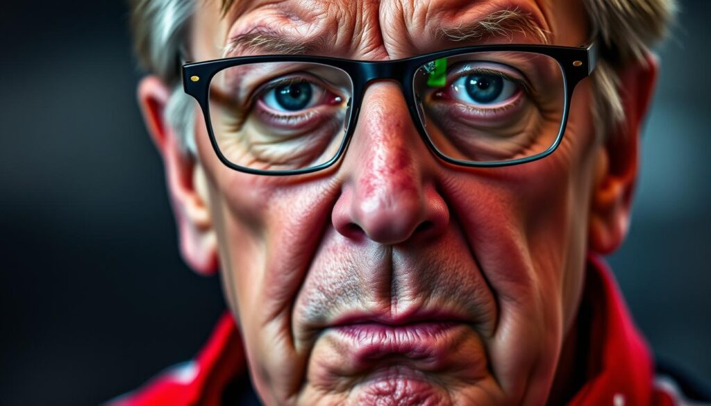 A close-up portrait of Helmut Marko, the motorsport advisor for the Red Bull Formula 1 team, captured in a dramatic, emotive expression. His weathered face, framed by his signature glasses, conveys a mix of frustration, determination, and intensity as he reacts to the team's recent struggles. The lighting is dramatic, casting deep shadows that accentuate the lines and wrinkles of his face, creating a sense of tension and urgency. The background is blurred, keeping the focus squarely on Marko's intense gaze, which seems to convey the weight of the team's challenges and his unwavering commitment to finding a solution.