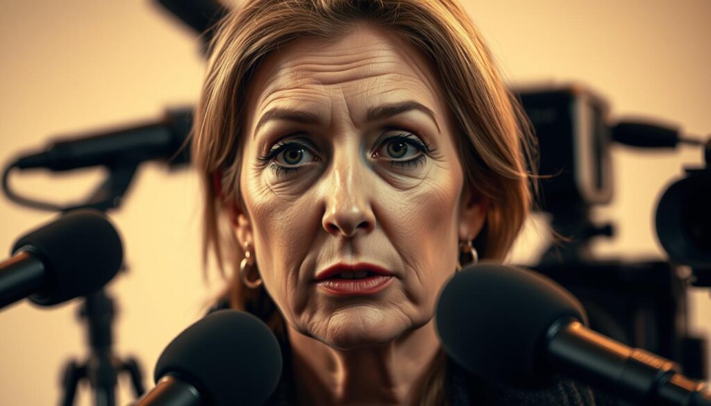 A close-up portrait of Kader Loth, a German media personality, against a blurred background of microphones and cameras. Loth's expression conveys a mixture of defiance and vulnerability as she delivers a public statement, her eyes meeting the viewer's gaze. Soft, warm lighting illuminates her face, creating a sense of drama and intensity. The image is captured from a slightly elevated angle, suggesting the weight and significance of Loth's words. The composition emphasizes the subject's poise and composure, hinting at the controversies and scandals that have surrounded her public persona.
