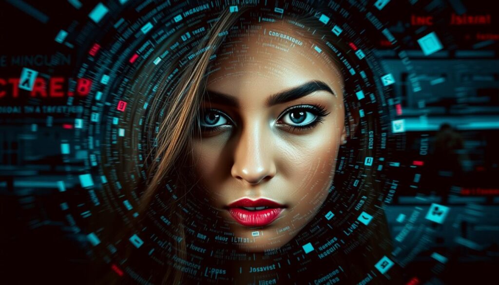 A close-up portrait of Kim Virginia, a prominent social media influencer, against a backdrop of digital noise and glitching effects. Her face is partially obscured by a swirling vortex of text, hashtags, and icons, symbolizing the intense scrutiny and criticism she faces online. The lighting is dramatic, with deep shadows and a moody, distorted color palette, evoking the turbulent nature of her social media presence. The composition is off-center, creating a sense of unease and discomfort. The overall effect suggests the overwhelming and chaotic nature of the digital landscape that Kim Virginia navigates as a public figure.
