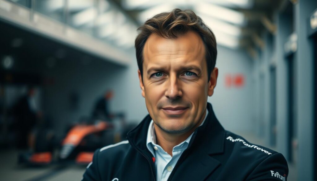 A close-up portrait of Laurent Mekies, the newly appointed team principal of the Formula 1 team, set against a blurred background of a modern Formula 1 garage. Mekies is dressed in a crisp, tailored team uniform, his gaze focused and determined, exuding an air of confident professionalism. The lighting is soft and directional, casting subtle shadows that accentuate the lines of his face. The scene evokes a sense of transition and change, capturing the moment Mekies steps into his new leadership role to steer the team through challenging times.