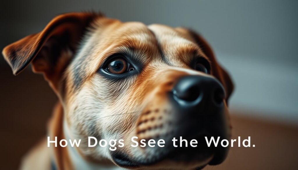 A close-up portrait of a dog's face, with a soft, diffused lighting that highlights the intricate details of its features. The dog's eyes are the focal point, conveying a sense of curiosity and wonder as it gazes out, capturing the unique way it perceives color and the world around it. The background is blurred, creating a sense of depth and drawing the viewer's attention to the dog's face. The overall mood is contemplative, inviting the viewer to imagine how the dog's visual experience differs from our own. The image is presented in a clean, minimalist style, allowing the subject to take center stage and evoke the essence of the article's section title, "How Dogs See the World".