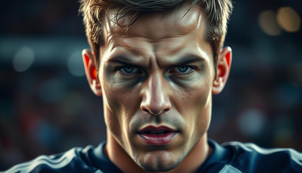 A close-up shot of a football player's face, expression conveying deep emotional connection to the game. Soft, warm lighting illuminates their eyes, brow furrowed in intense focus. The player's jersey is slightly rumpled, hinting at the physicality of the sport. In the background, a blur of movement and color - the energy of the crowd, the thrill of the match. The composition draws the viewer's gaze inward, inviting them to feel the player's passion and dedication. A sense of determination, pride, and the weight of responsibility radiates from the image.