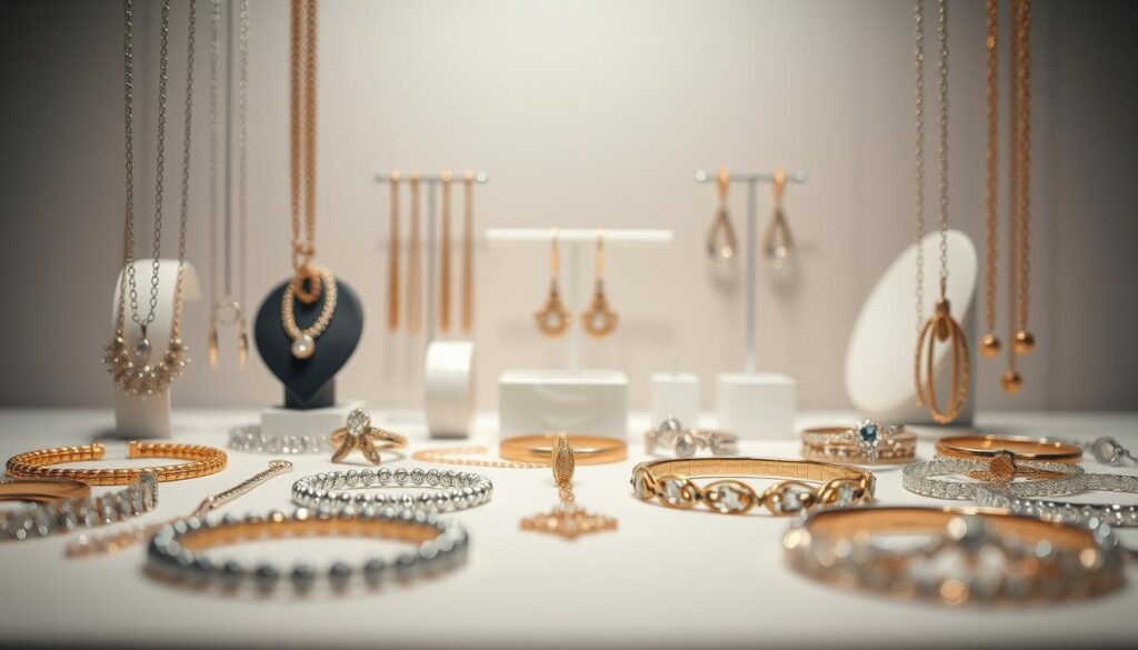 A close-up shot of a high-quality jewelry display featuring a diverse selection of necklaces, bracelets, and earrings against a clean, minimalist background. The lighting is soft and diffused, highlighting the intricate details and shimmering textures of the jewelry. The foreground showcases the main pieces, while the middle ground includes additional complementary items. The background is a simple, muted tone that allows the jewelry to take center stage. The overall scene conveys a sense of luxury, elegance, and the ease of a "schnelle Lieferung" (fast delivery) for the discerning customer.